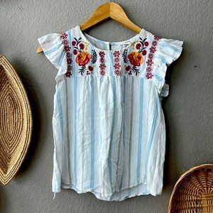 Boho embroidered striped flutter sleeve top